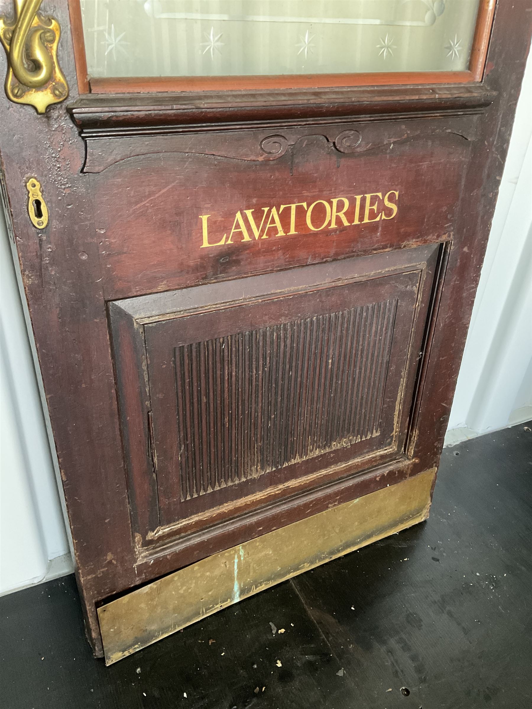 Early 20th century hardwood door, with etched “smoke room'' Glass panel