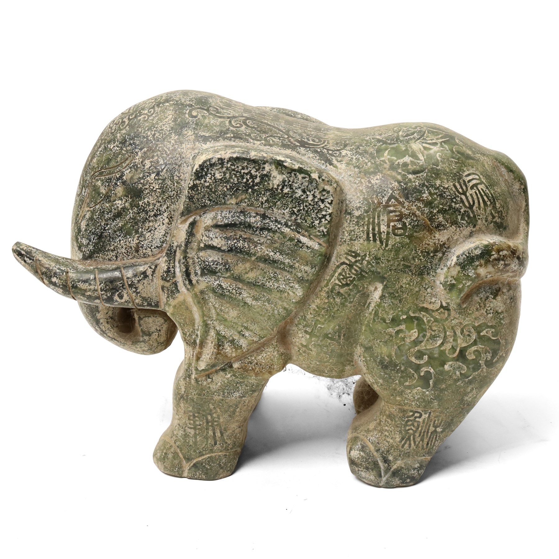 Carved stone Rhino, W44cm and a pair of two green stone Elephants, W38cm (3)