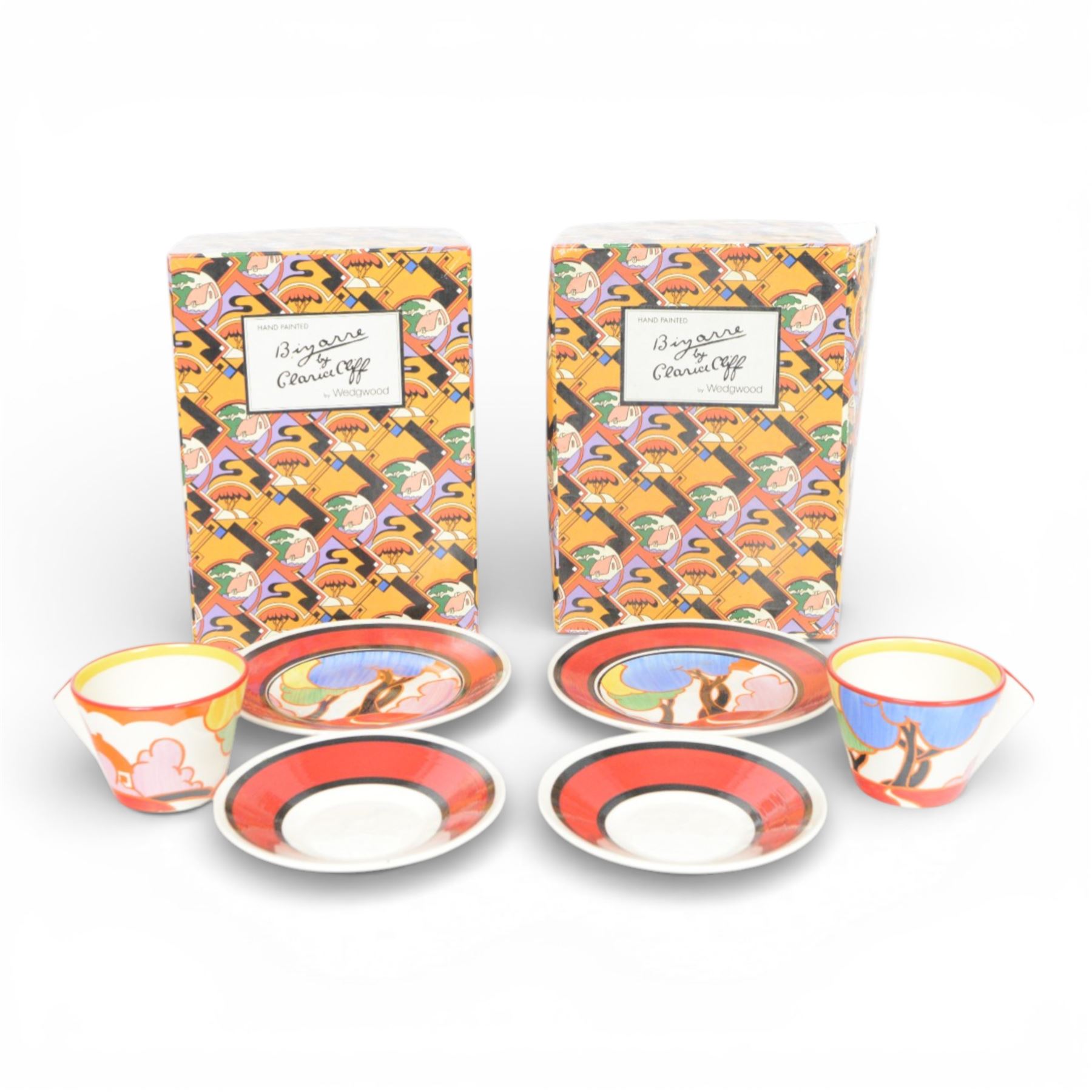 Wedgwood Bizarre by Clarice Cliff, Two sets of May Avenue, Colonial Teacup, saucer and side plate, limited edition 327 and 287 of 500, both with certificate and box