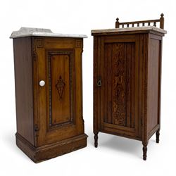 Two late 19th century pine bedside cupboards, each with white marble top, one with spindle...