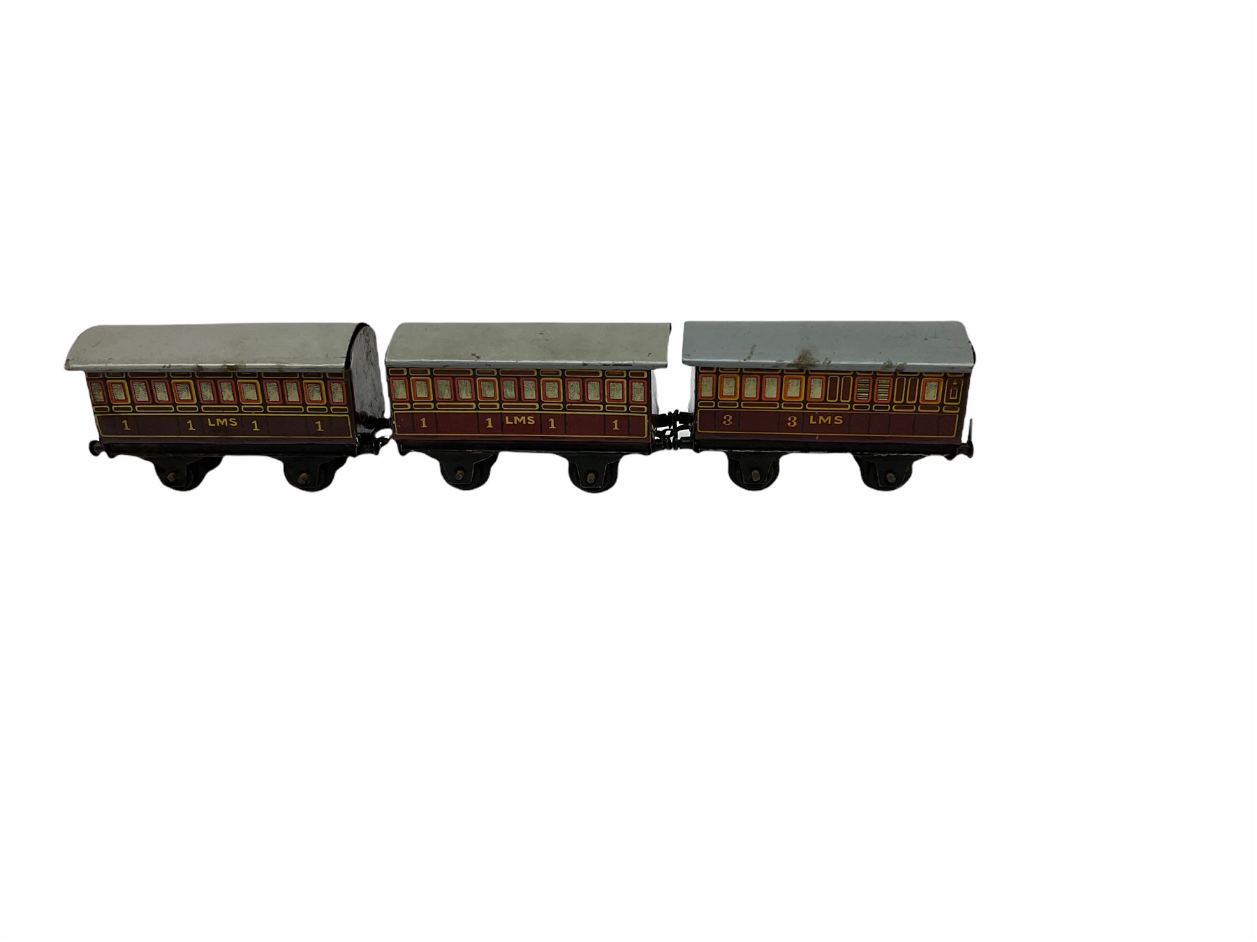 Bing '00' gauge - Table Top train set with clockwork 2-4-0 LMS locomotive and tender, three passenger coaches, signal box and thirteen sections of track; unboxed.