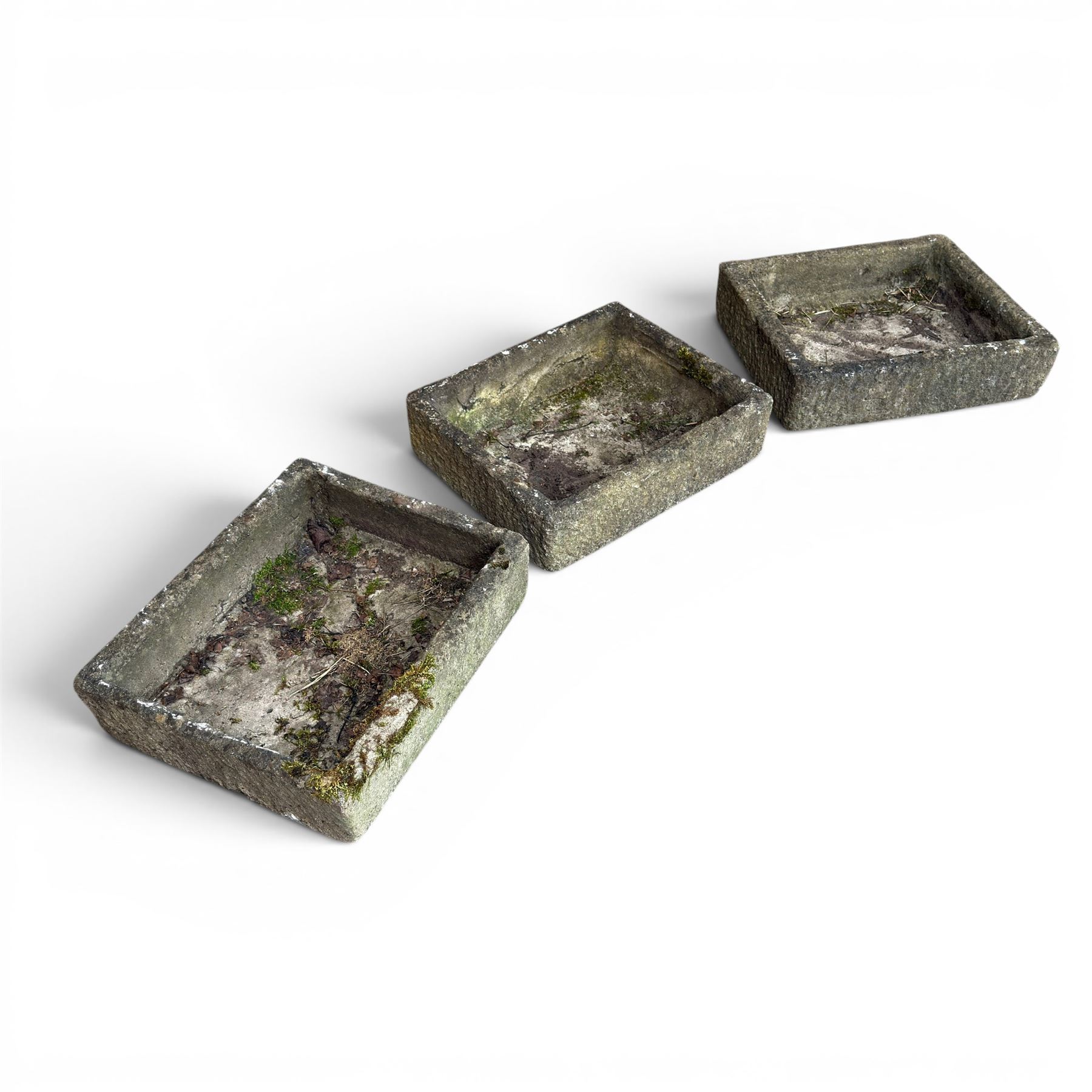 Three weathered composite stone rectangular planters, shallow form