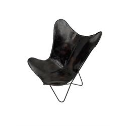 Butterfly Chair, black finish metal frame with stitched slung leather cover