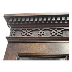 George III mahogany bookcase secretaire, dentil cornice over blind fret work frieze, enclosed by two astragal glazed doors, central secretaire drawer with fall front enclosing leather writing surface and small drawers, two flanking short drawers over double cupboard, on bracket feet