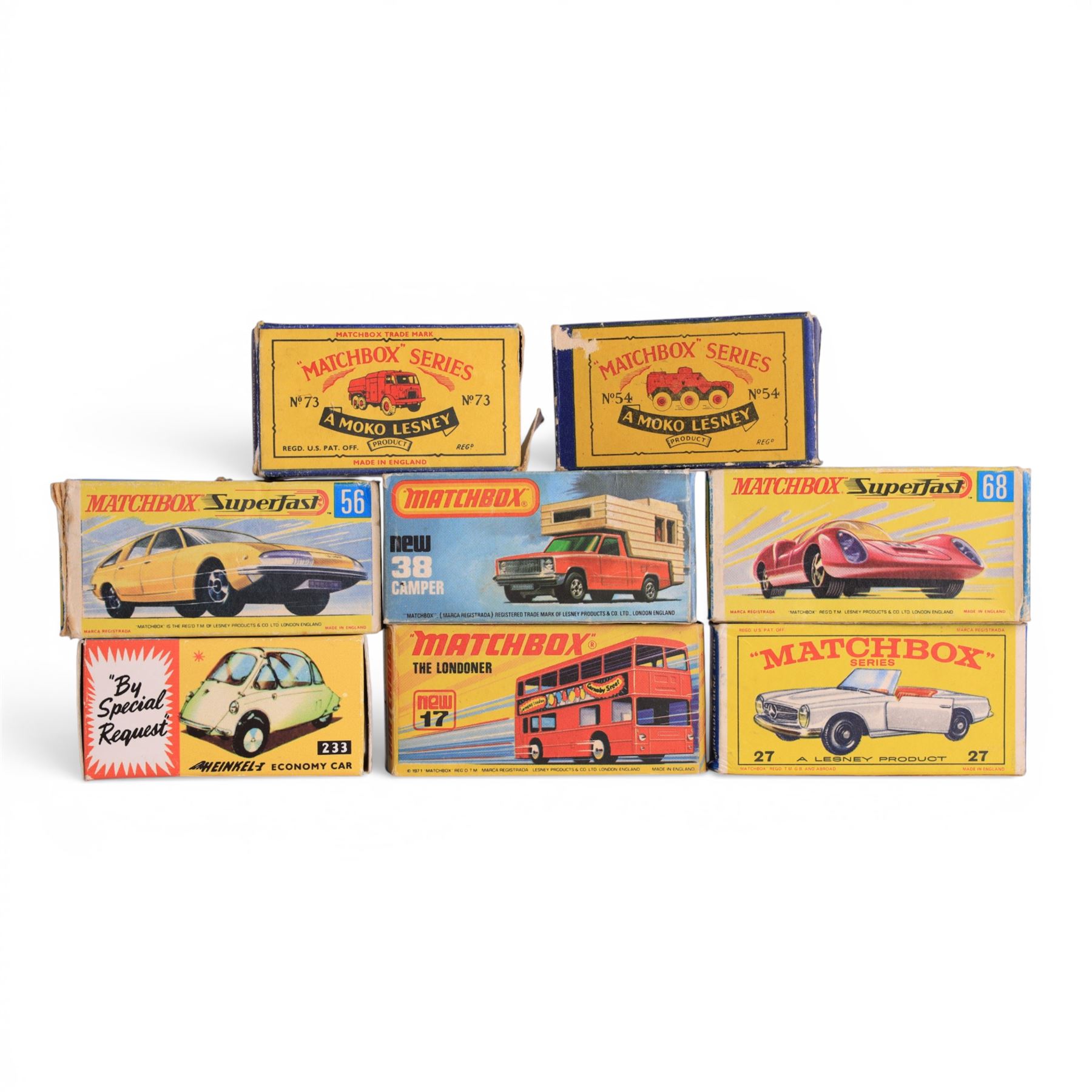 Eight diecast model cars, comprising Corgi Toys no. 233 Heinkel Economy Car with orange body, two Matchbox Superfast examples no. 56 BMC 1800 Pininfarina and no. 68 Porsche 910m two Matchbox Series Moko Lesney examples no. 54 and no. 73 and three Matchbox examples no. 27 Mercedes Benz 230SL, no. 38 Camper and no. 17 The Londoner, all boxed