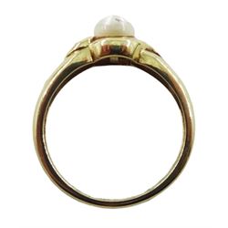 9ct gold pearl crossover ring with diamond set shoulders, hallmarked 