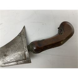 Malayan Kris dagger, the 31.5cm double edged straight heavy damascus blade with copper ferrule; carved hardwood grip; in large wooden throated scabbard with floral decorated white metal covering L47.5cm overall; a kris blade with adapted antler grip; and five various small daggers/letter openers (7)