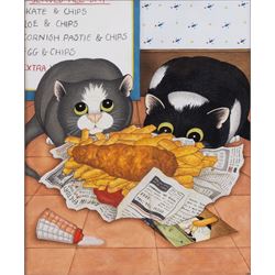 Linda Jane Smith (British 1962-): Fish and Chips for Supper!, gouache signed with initials, Halcyon Gallery label verso 29.5cm x 24cm 