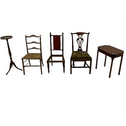 Recency style plant stand, occasional table on moulded supports, 19th century country oak chair, Victorian chair with bobbin turned supports and an early 20th century chair with pierced waved back (5)
