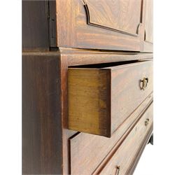 George III mahogany linen press, projecting cornice over two figured doors enclosing five linen slides, the lower section fitted with two short and two long drawers, on bracket feet