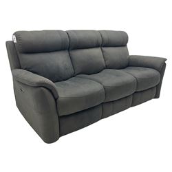 Three seat electric reclining sofa and matching two seater, upholstered in charcoal grey suede fabric, with USB sockets, L150cm and 210cm, 6 months old, cost. £2,000