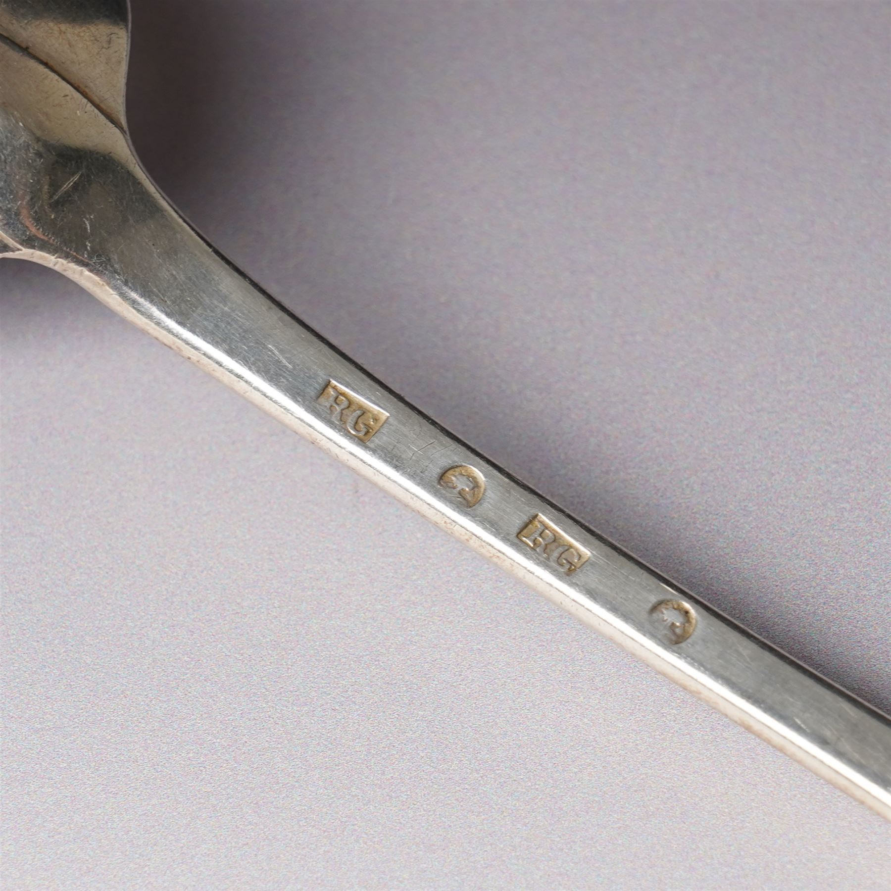 Late 18th century Scottish silver spoon L21.5cm struck twice with the makers mark of Robert Gray and the Glasgow tree