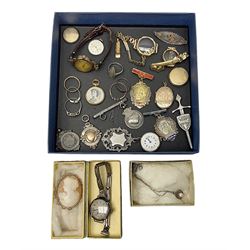 Victorian and later 9ct gold jewellery including glazed photo pendant, three gold cased wristwatches, signet ring and a cameo brooch, all hallmarked and silver jewellery including fobs, wristwatch, brooches and rings etc 
