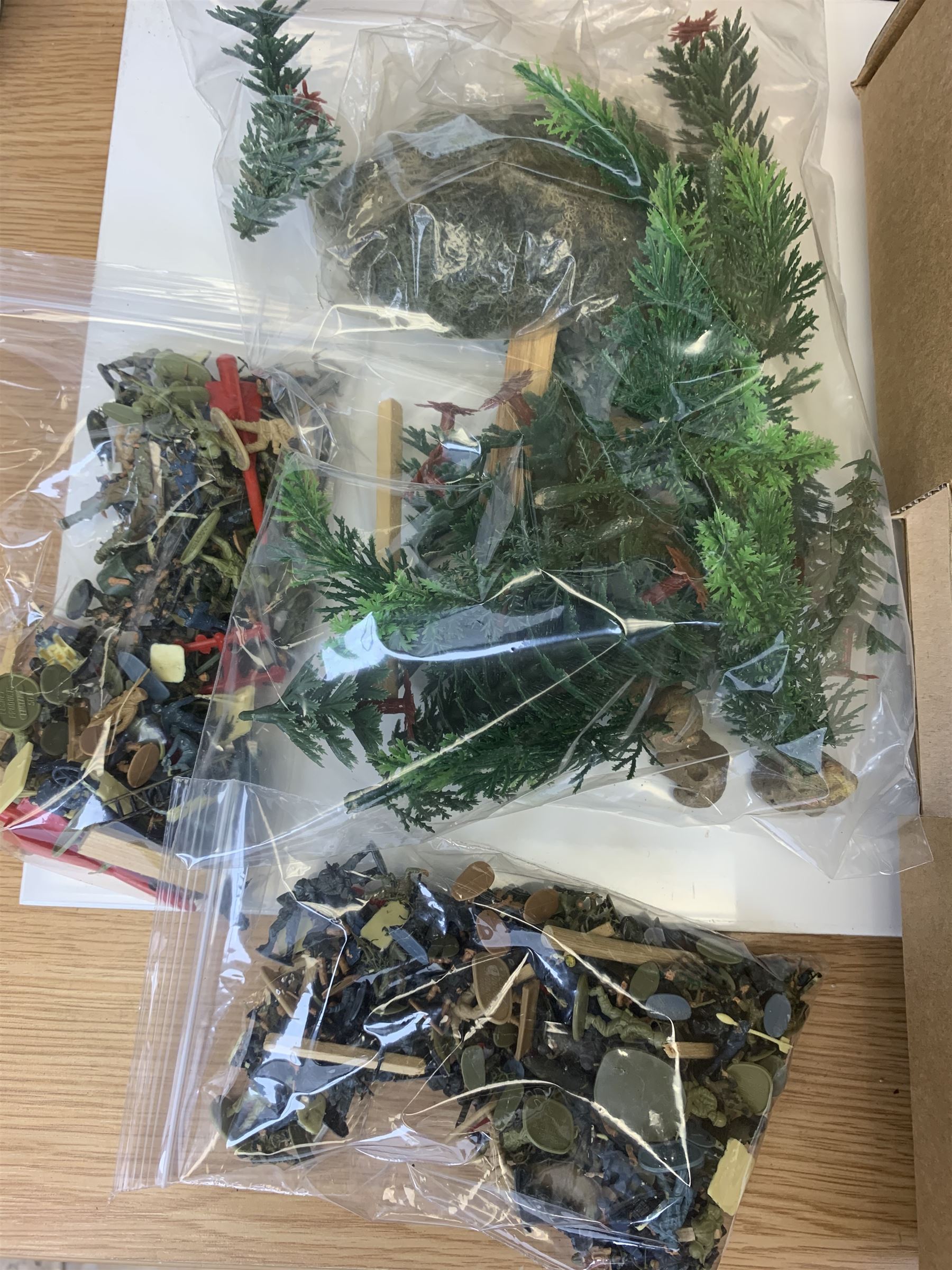 Various makers military vehicles - boxed Corgi Tiger Mk.1 tank No.900; six other by Corgi; four by Dinky; and over twenty others predominantly by Matchbox/Lesney, all unboxed; together with a quantity of plastic soldiers by Lesney etc; and some battlefield layout accessories