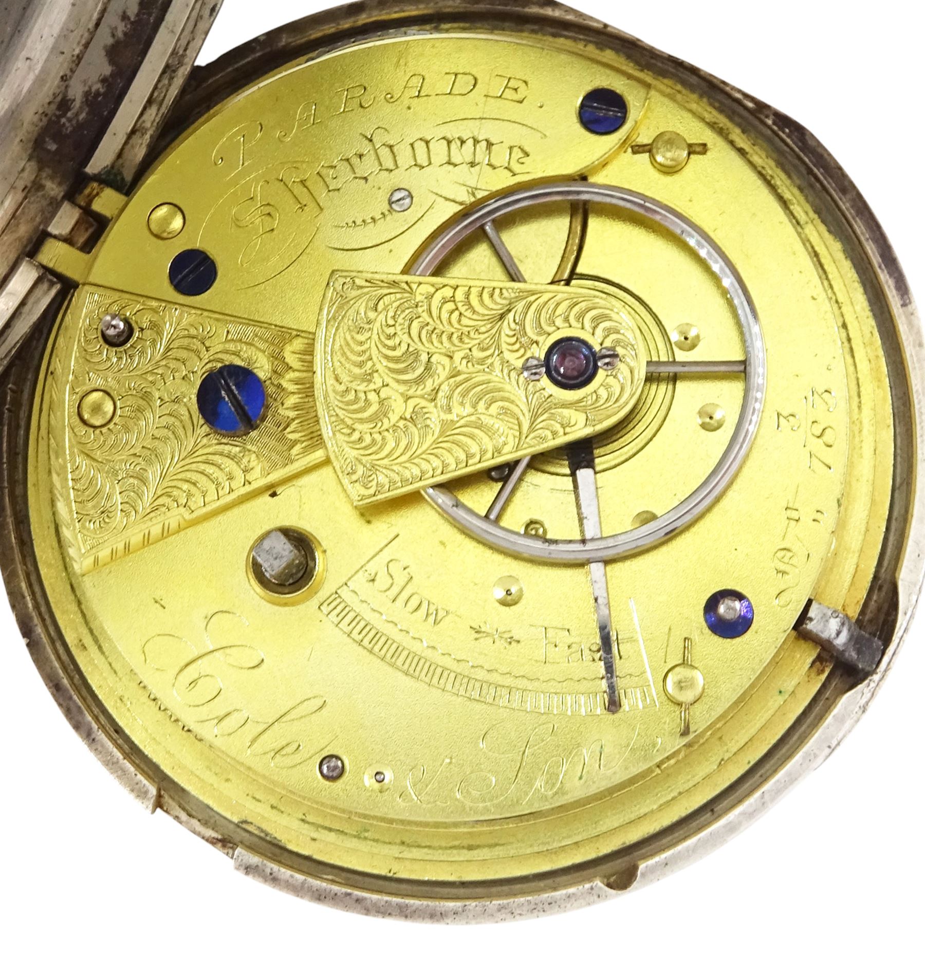 Victorian silver full hunter key wound fusee lever pocket watch by Cole & Son, Sherbourne, No. 783, case by James Oliver, London,1885 and one other silver open face fusee lever pocket watch, both with white enamel dials, Roman numeral hour markers and subsidiary seconds dials and two silver Albert chains with fobs