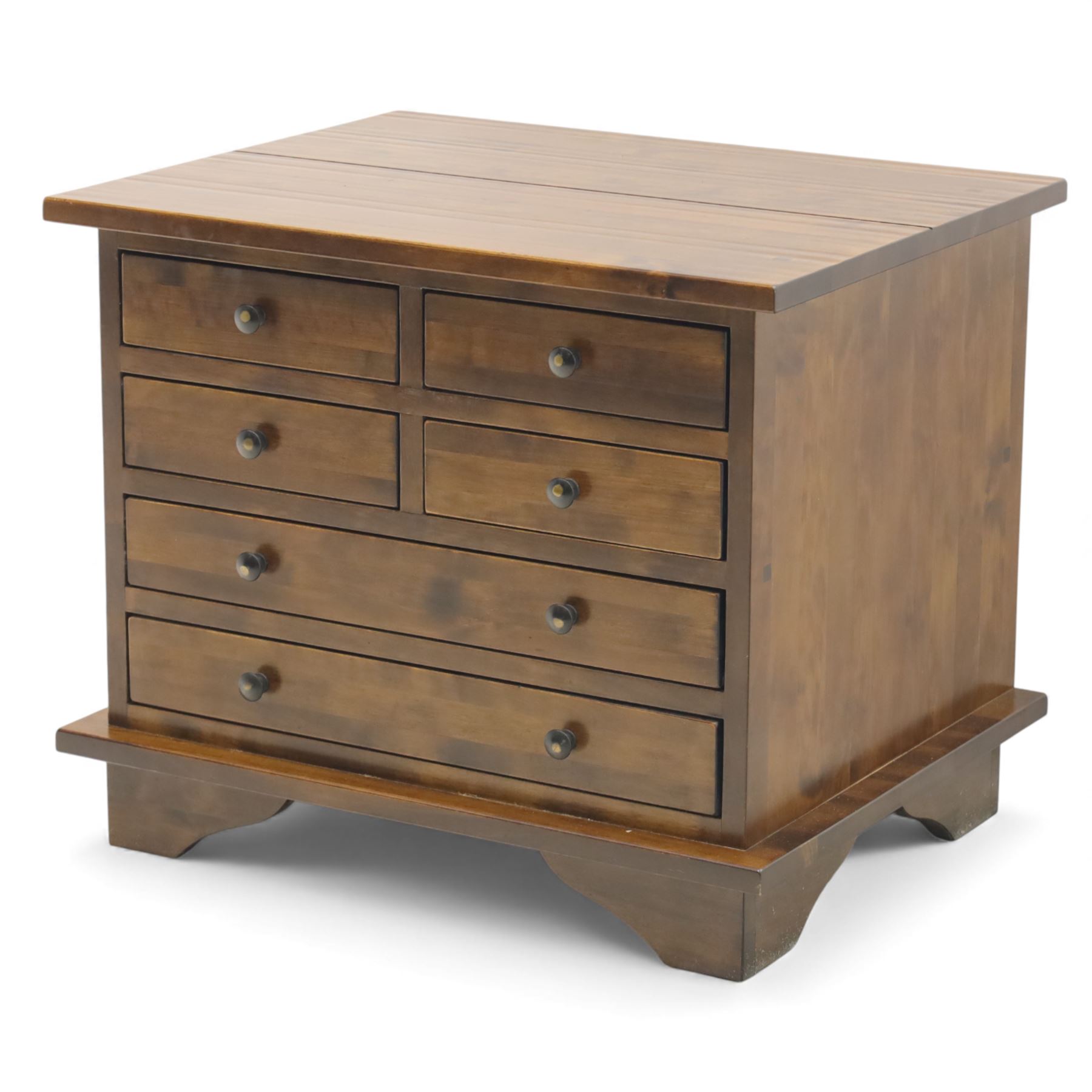 Laura Ashley - 'Garrat Dark Chestnut' birch side table, four short drawers over two longdrawers, with distressed black metal pulls, on shaped bracket feet