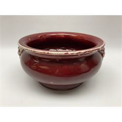 Qing Chinese Sang De Boeuf incense burner, Qing Dynasty, of bombe form with applied lion-mask handles, H11cm