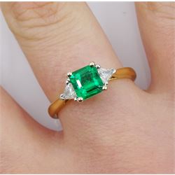 18ct gold three stone no oil emerald and trillion cut diamond ring, hallmarked, emerald approx 0.75 carat