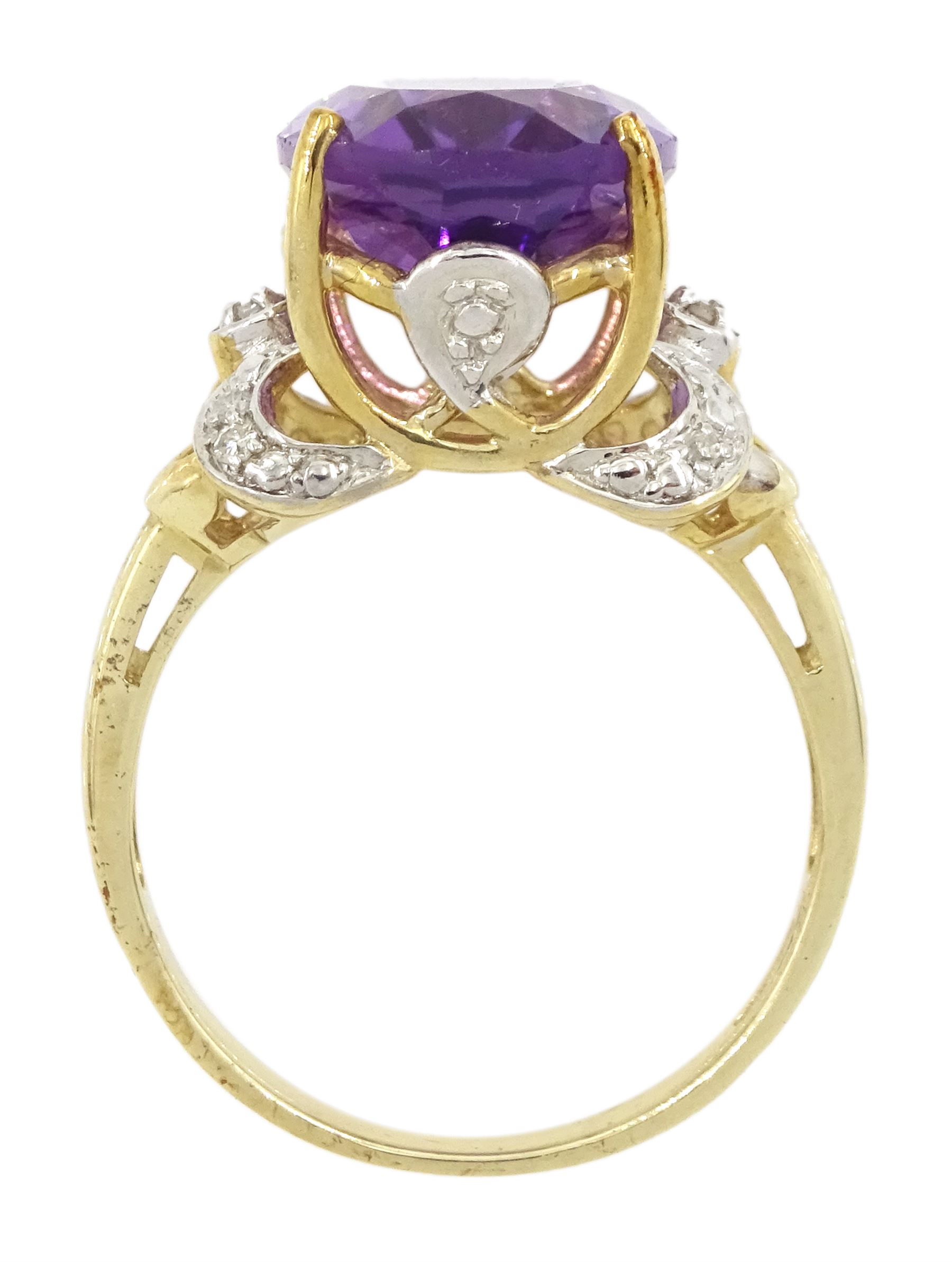 9ct gold single stone oval cut amethyst ring, with openwork diamond set shoulders, hallmarked