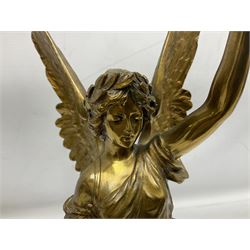 After Oswald Schimmelpfennig (German, 1872-1939): Pair of gilt bronze winged Allegorical female figures, the first example with arm outstretched holding a branch, signed 'Schimmelpfennig 1900', the second with arm raised above her head holding a book and sword in the other, both raised upon marble plinths, H45cm