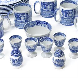 Large and extensive collection of Spode Italian blue and white tea and dinner wares, including various sized plates, serving dishes, mugs, etc, with mixed blue and black backstamps
