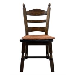 Mid-20th century Dutch oak dining table, rectangular top raised on square supports with tapered sections; four ladderback dining chairs, on turned supports with H-stretchers