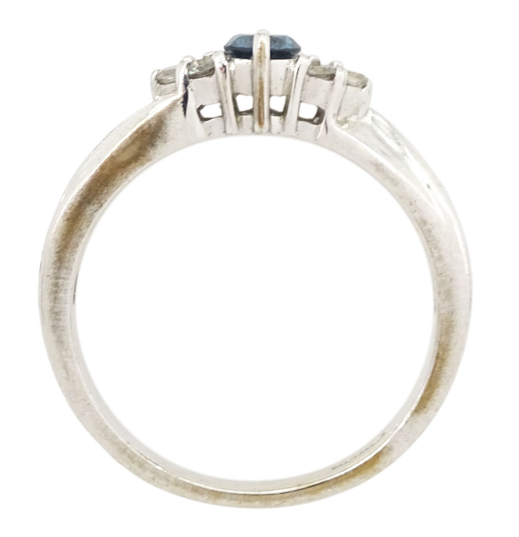 18ct white gold seven stone, round brilliant cut blue and white diamond ring, hallmarked, blue diamond approx 0.20 carat