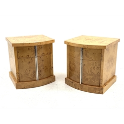 Pair Art Deco style figured maple bow front bedside cabinets, two drawers fitted with polished metal handles, W50cm, H54cm, D49cm