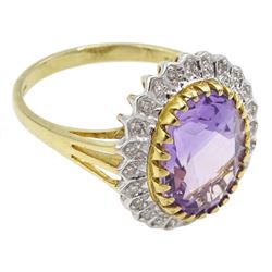 9ct gold oval amethyst and diamond cluster ring, hallmarked
