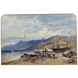 William Evans of Eton (British 1798-1877): 'On the Shore - Bordighera, looking towards Mentone' Italy, 19th century watercolour signed, titled and dated 1869 verso 40cm x 59cm