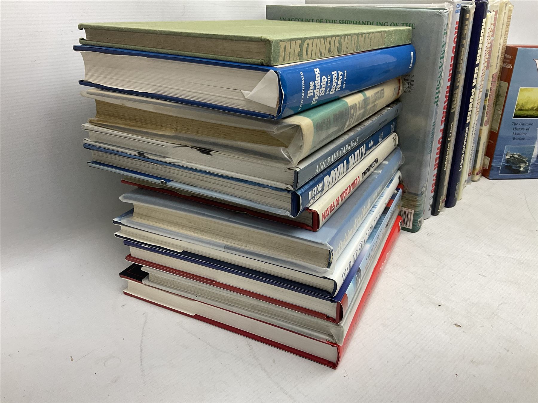 Twenty-seven books of maritime and naval interest including Archibald: The Fighting Ship in the Royal Navy; Chant: The History of the World's Warships; Groner: German Warships 1815-1945; books on seapower, destroyers, battleships, cruisers, seamanship etc
