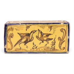 19th century Spanish faience pot of rectangular form with polychrome tin glaze decorated depicting birds and rabbits upon a yellow ground, H6cm, L12cm