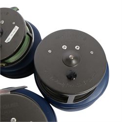Four Hardy Bros Marquis fly fishing reels, comprising three No. 3 salmon reels and a No.1 Salmon reel, all within blue Hardy cases