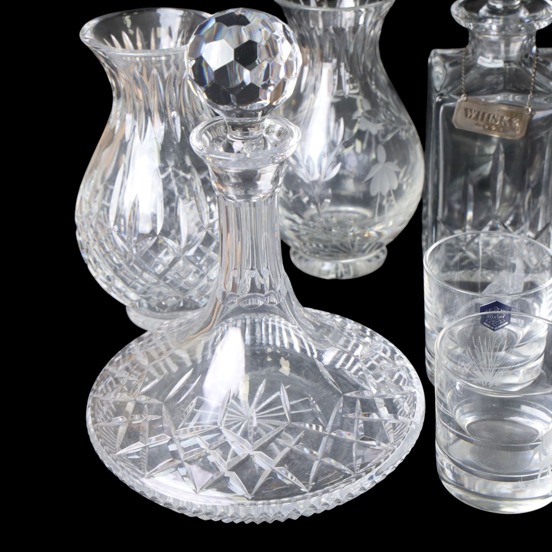 Four glass decanters with three silver labels for gin sherry and whisky, hallmarked Birmingham 1984, together with two Stuart Crystal vases and set of four Galloway glasses