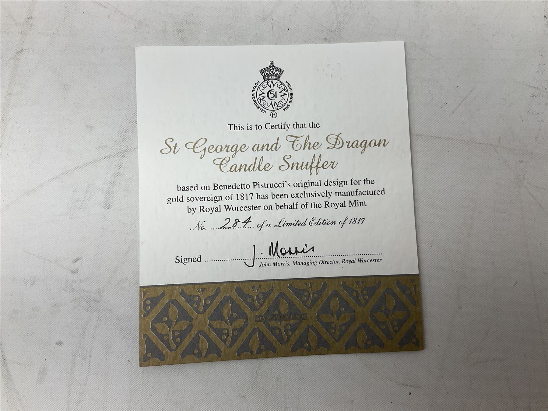 Royal Worcester limited edition 284/1817 St. George and the Dragon candle snuffer, with certificate, H9.5cm