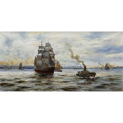 A Turner (British 19th century): Steam Tug Pulling a Two Masted Ship, oil on canvas signed 30cm x 60cm
