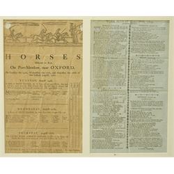 Two 18th century handbills for horses entered to run on Port-Meadow, near Oxford August 1762 listing the runners and owners etc each approx 30cm x 20cm , two other handbills for York races August 1805 and another for Doncaster races September 1803 in one frame 45cm x 116cm 
Provenance: property of a Nobleman