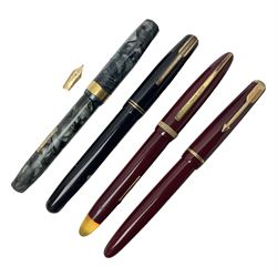Four fountain pens, each with 14ct gold nibs, comprising Mentmore Paramount, Parker Junior Duofold, Conway Stewart marbleised pen and Waterman's, together with a 14ct gold Conway Stewart 5B nib