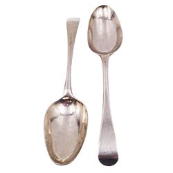 Pair of George III silver Old English pattern table spoons, each with engraved initial to terminal, hallmarked John Lampfert, London probably 1766