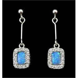 Pair of silver opal and cubic zirconia cluster pendant stud earrings, stamped 925 