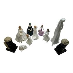 Six Royal Doulton figures, including Thank you HN3390, Heather HN2956, Christmas Day HN3488 etc together with Coalport and Duron figures