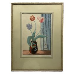 Yoshijiro (Mokuchu) Urushibara (Japanese 1888-1953): 'Tulips', original proof woodblock print signed and numbered No14 in pencil, original title label verso 40cm x 27.5cm
