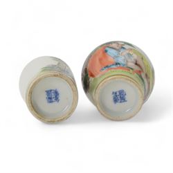 Five Chinese ceramic snuff bottle with painted erotic scenes, all with gilt painted stoppers, with character marks beneath, H10cm 