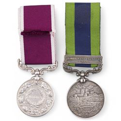 Edward VII India General Service Medal with North West Frontier 1908 clasp to 2662 Sepoy Gobin......57th Rifles and George VI Long Service Medal, 'India' to F-1477 Swpr Imam Din 13 Frontier Force Rifles (2)