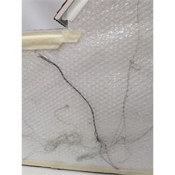 1:24 scale four-storey tudor-style dolls house, with black and white exterior, balcony garden, glazed panelled windows and wooden shingle roof, with decorated interior and wired fireplaces and lighting, H65cm, W58cm, D31cm, 