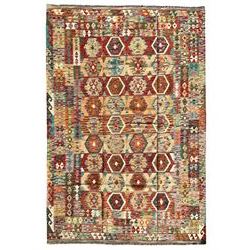 Anatolian Turkish Kilim multi-colour rug, decorated with all over hexagonal lozenges in contrasting colours, the multi-band border with repeating geometric shapes and small lozenges or diamonds