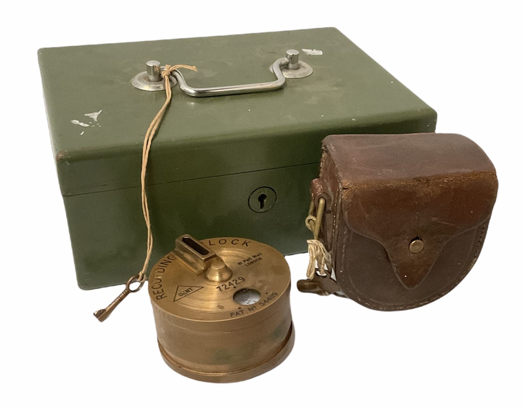 Metal cash box with key and removable tray,  together with recording clack, PAT No.544119, box L25.5cm, D18cm