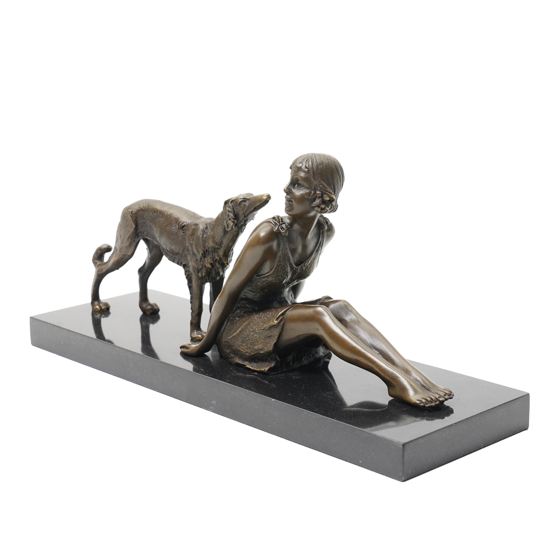 After Démete Chiparus (Romanian 1886-1947): A Girl and Her Borzoi Hound, art deco bronze, on black marble plinth, including base W29cm 