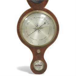 John Cattermole of York - early 19th-century wheel-barometer,  in a mahogany case with a break arch pediment, brass finial and rounded base, 8-inch silvered dial with predictions and recording barometric air pressure from 29-31 inches, steel indicating hand and brass recording hand, hydrometer, spirit bubble and boxed spirit thermometer