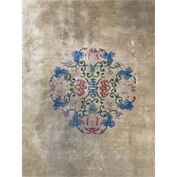 Large Chinese washed woollen carpet, pale sage green ground and decorated with flowers